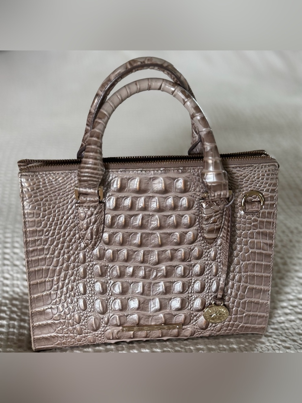 Brahmin Cami Satchel Melbourne Leather Taupe Gold Croc Embossed Handbag